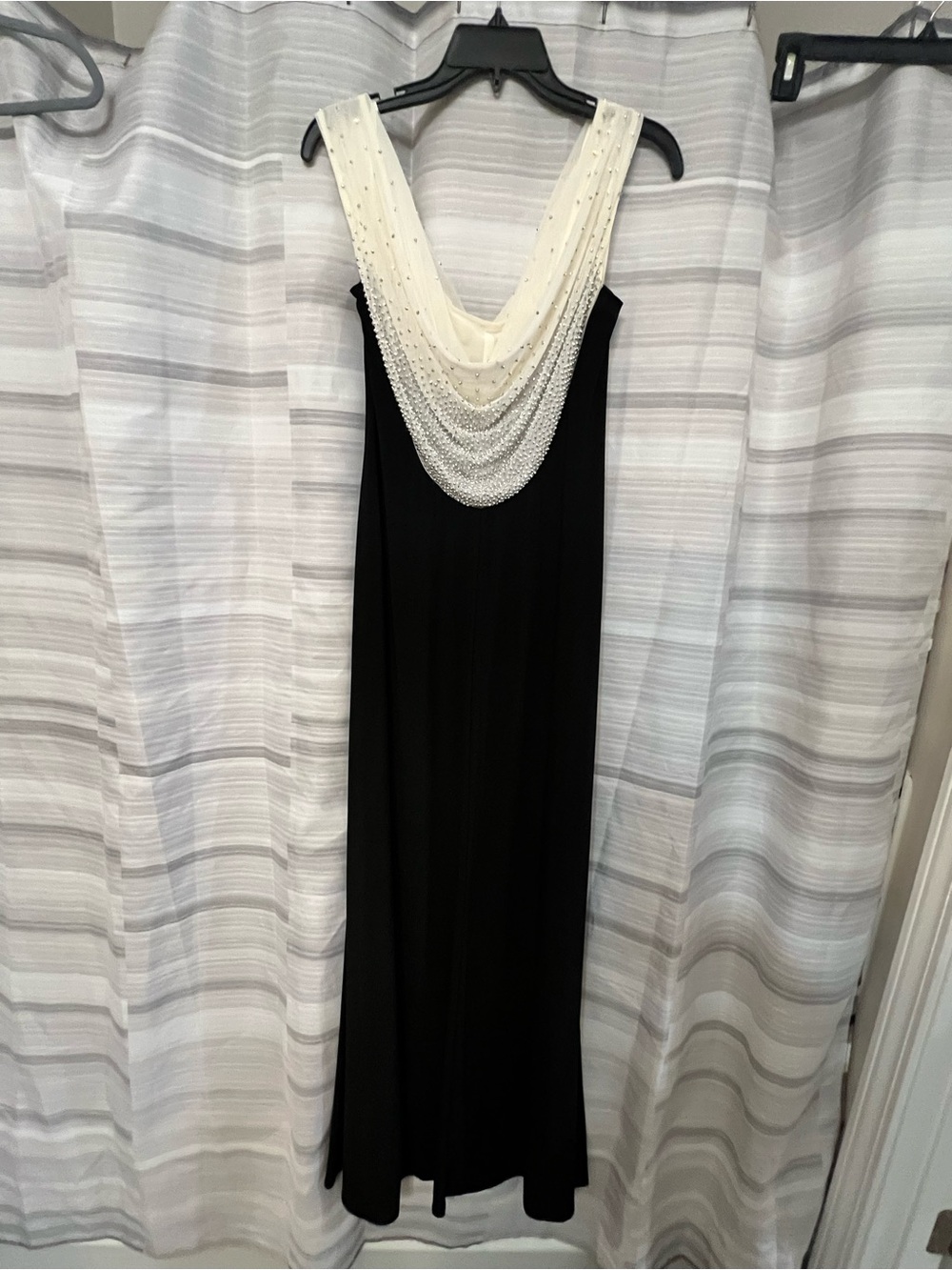 Cachet Black & Ivory Beaded Cowl Neck Evening Gown